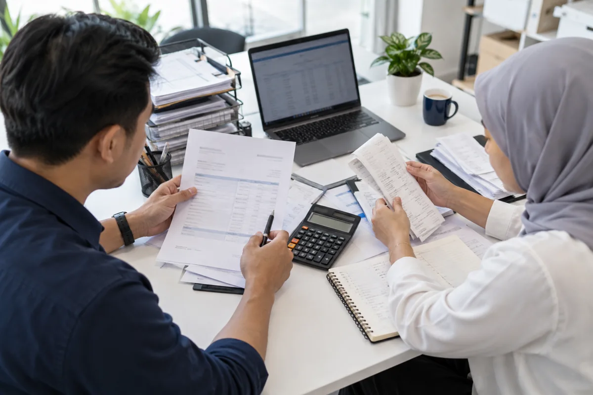 Finance team comparing invoices and accounting records at a desk