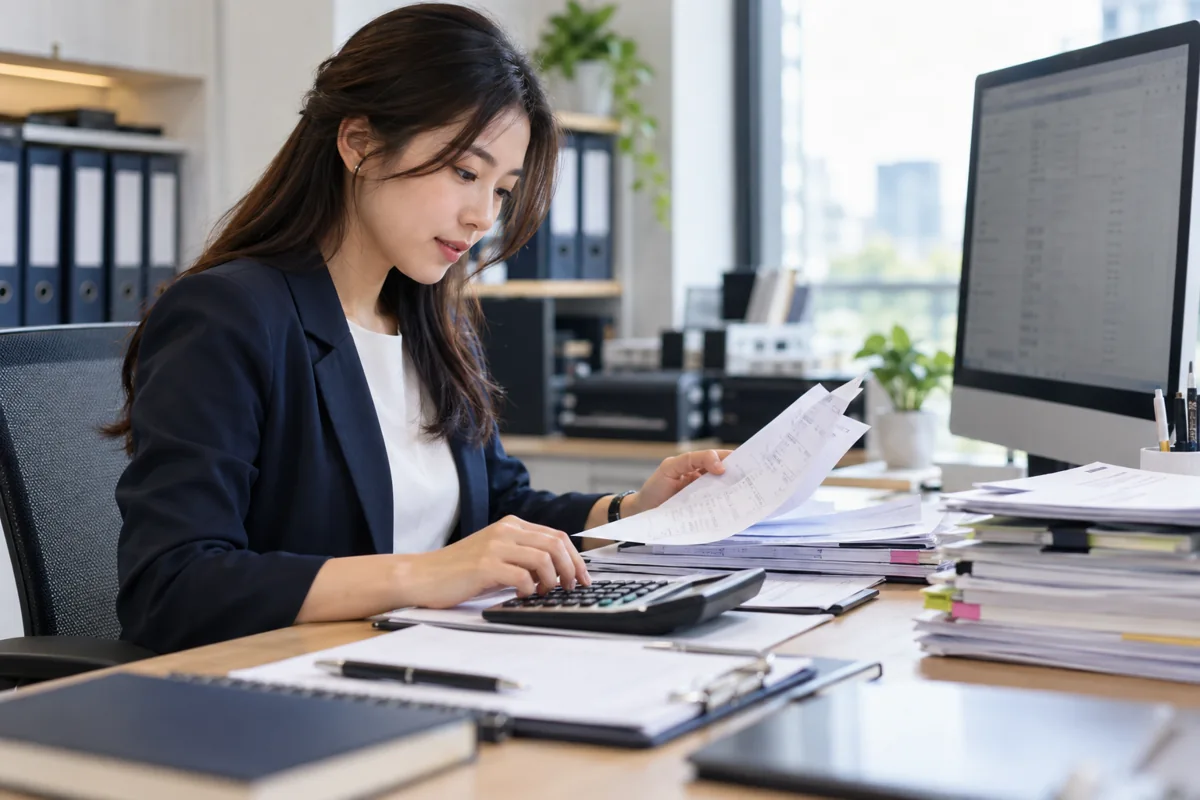 Accountant reviewing invoices beside a computer and calculator