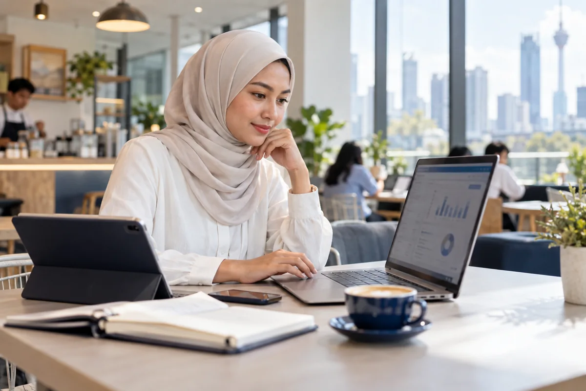 Business owner reviewing financial information on a laptop in a cafe