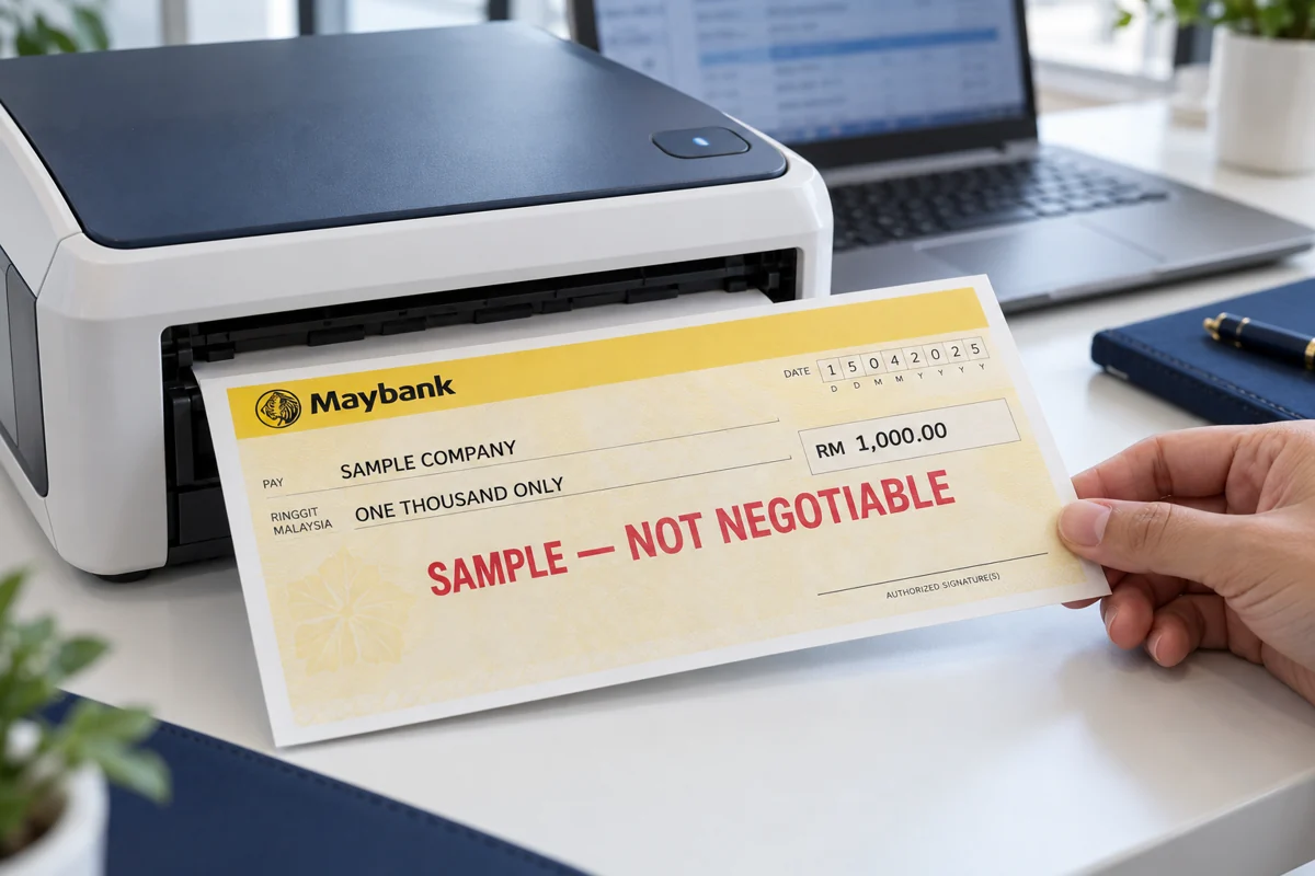 Printer producing a Maybank sample cheque marked SAMPLE — NOT NEGOTIABLE