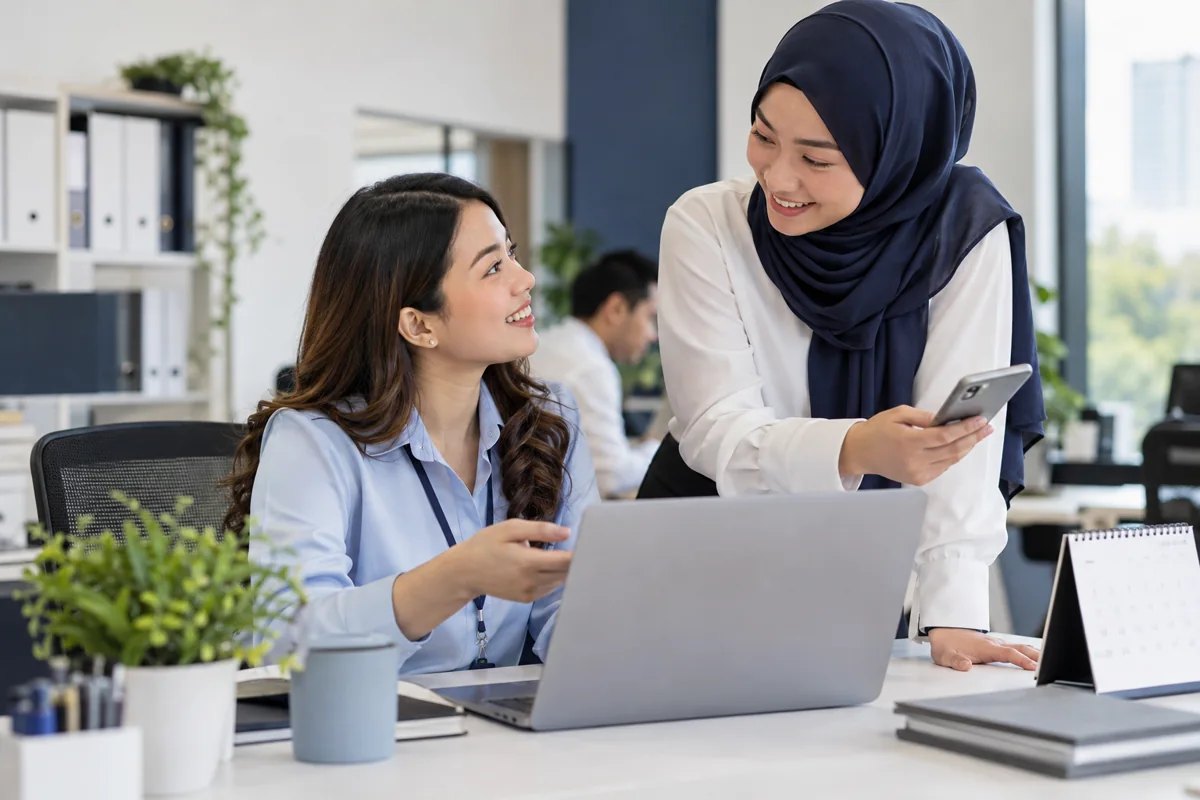 HR executive discussing a leave request with a colleague holding a smartphone