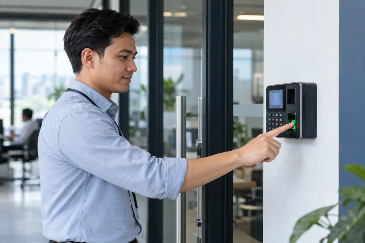Employee using a fingerprint attendance terminal at an office entrance