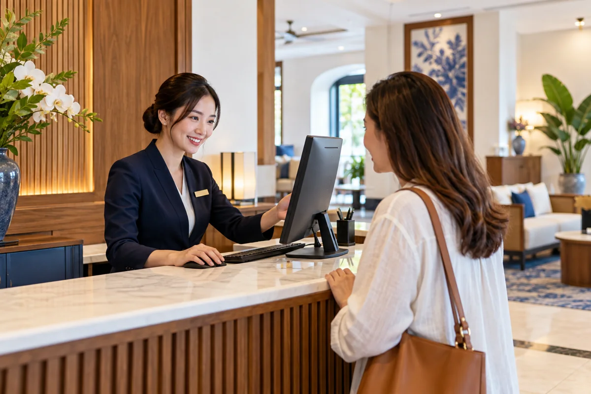 Hotel receptionist assisting a guest with a computerised reservation