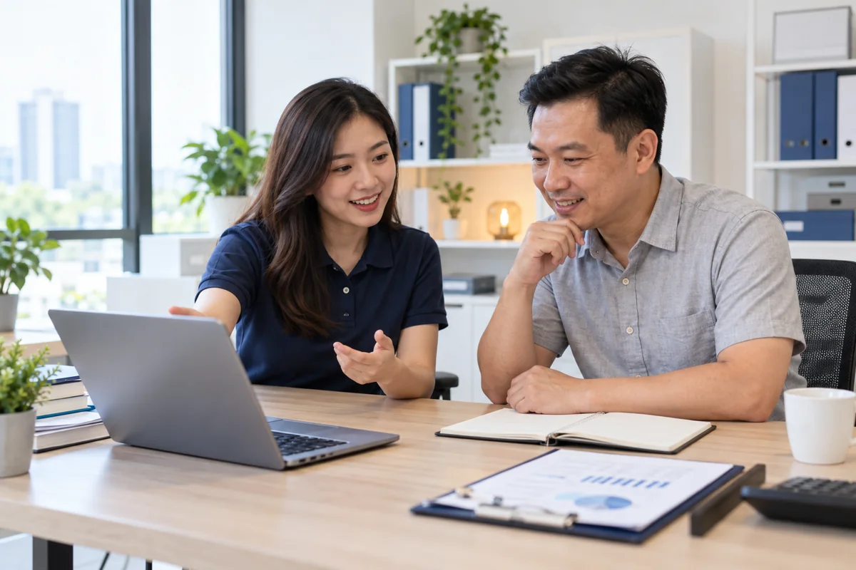Software consultant discussing business requirements with an SME owner