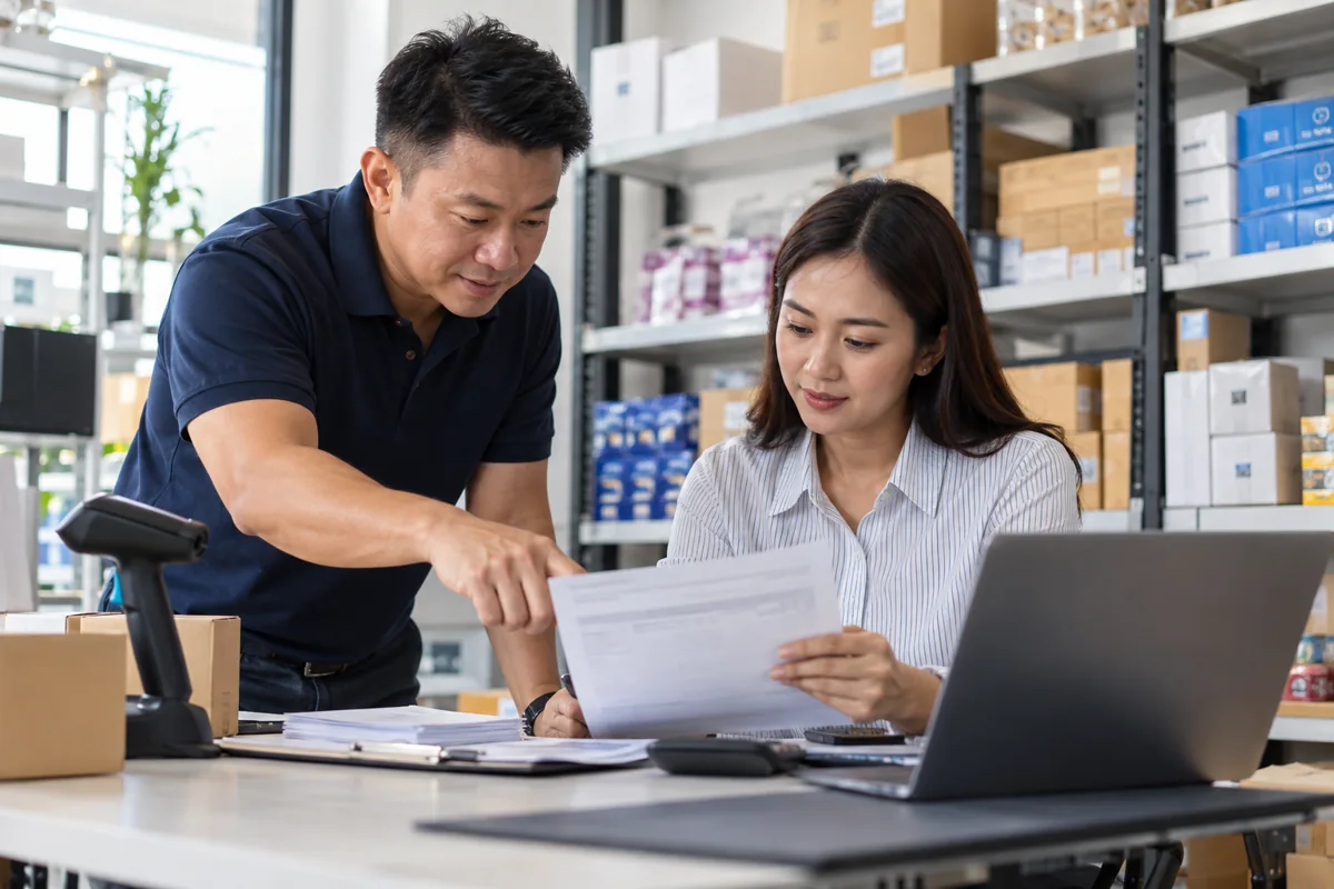 Wholesale business owner and bookkeeper reviewing an invoice beside stock shelves