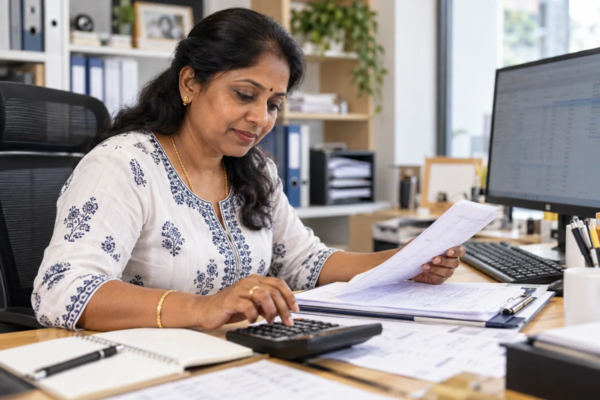 Bookkeeper reconciling statements with a calculator and desktop computer
