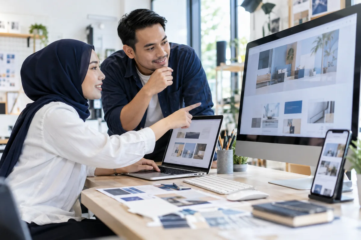 Web designer and client reviewing a responsive website across devices