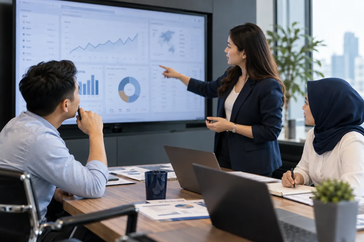 Business managers reviewing finance and operations dashboards